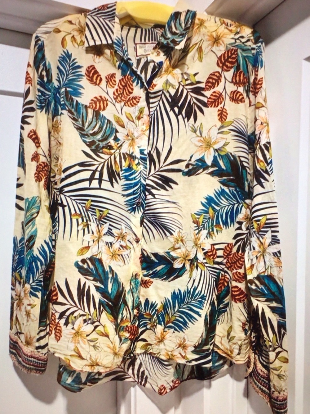 Johnny Was Cream Tropical Floral Button-Up Blouse with Blue & Brown Leaves